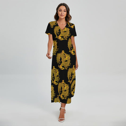 Black And Gold Dragon Pattern Print Short Sleeve Maxi Dress