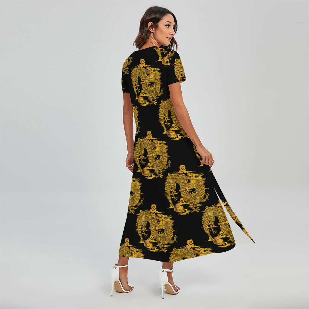 Black And Gold Dragon Pattern Print Short Sleeve Maxi Dress