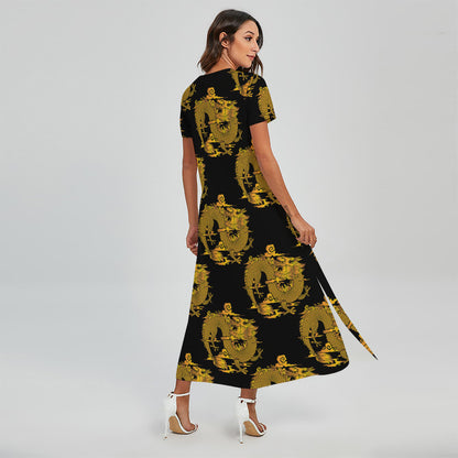 Black And Gold Dragon Pattern Print Short Sleeve Maxi Dress