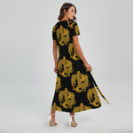 Black And Gold Dragon Pattern Print Short Sleeve Maxi Dress