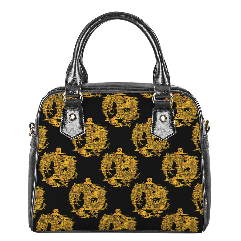 Black And Gold Dragon Pattern Print Shoulder Handbag