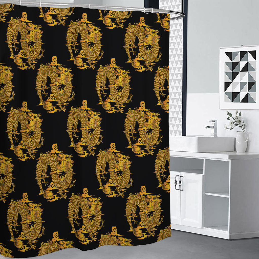 Black And Gold Dragon Pattern Print Shower Curtain