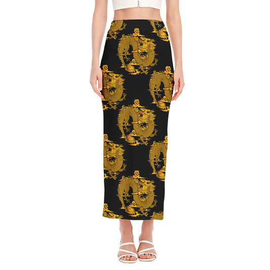 Black And Gold Dragon Pattern Print Side Slit Maxi Skirt