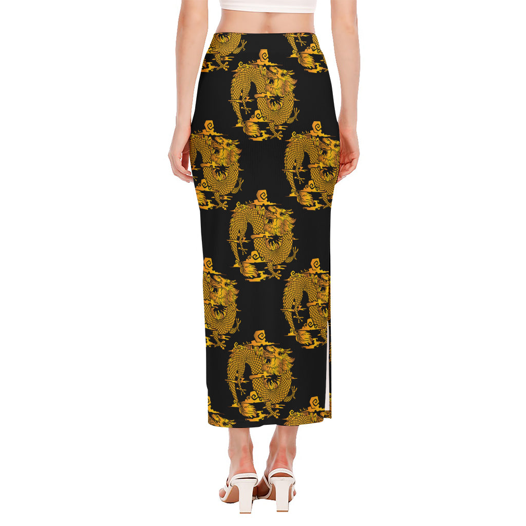 Black And Gold Dragon Pattern Print Side Slit Maxi Skirt