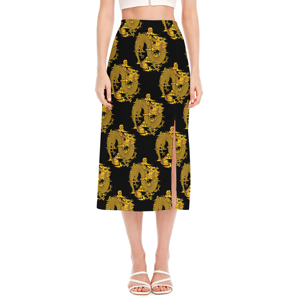 Black And Gold Dragon Pattern Print Side Slit Midi Skirt