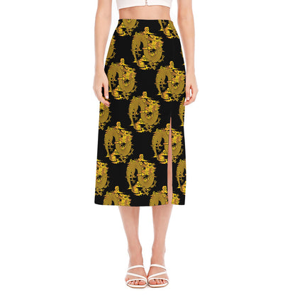 Black And Gold Dragon Pattern Print Side Slit Midi Skirt