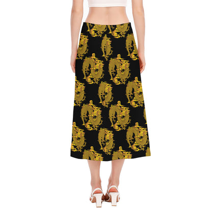 Black And Gold Dragon Pattern Print Side Slit Midi Skirt