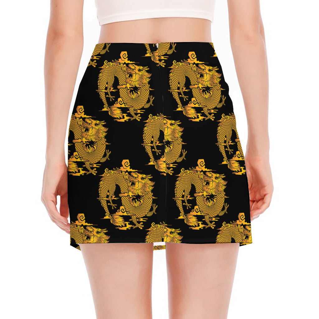 Black And Gold Dragon Pattern Print Side Slit Mini Skirt