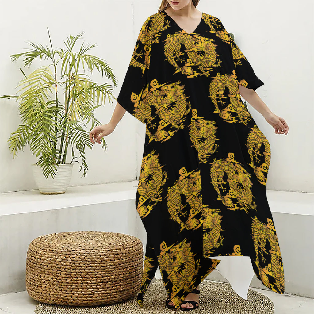 Black And Gold Dragon Pattern Print Silk V-Neck Kaftan Dress