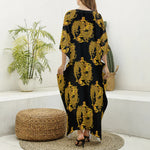 Black And Gold Dragon Pattern Print Silk V-Neck Kaftan Dress