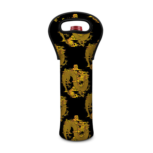 Black And Gold Dragon Pattern Print Single Neoprene Wine Tote