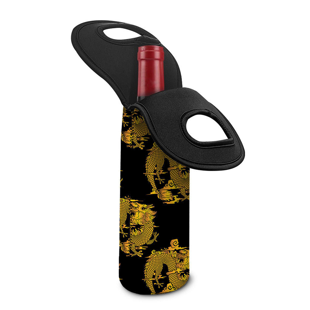 Black And Gold Dragon Pattern Print Single Neoprene Wine Tote