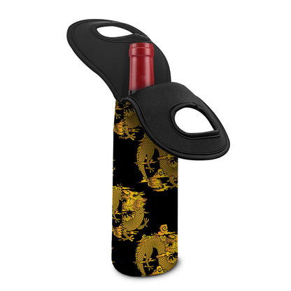 Black And Gold Dragon Pattern Print Single Neoprene Wine Tote