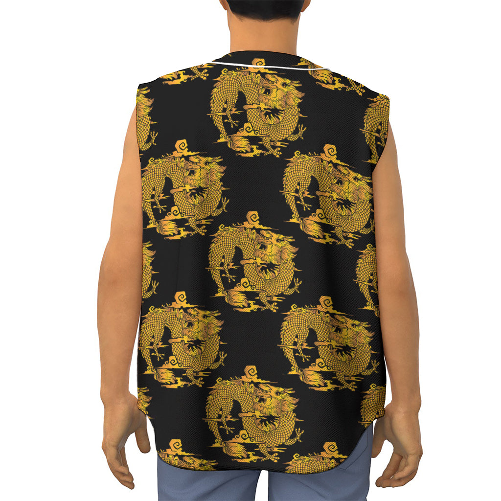 Black And Gold Dragon Pattern Print Sleeveless Baseball Jersey