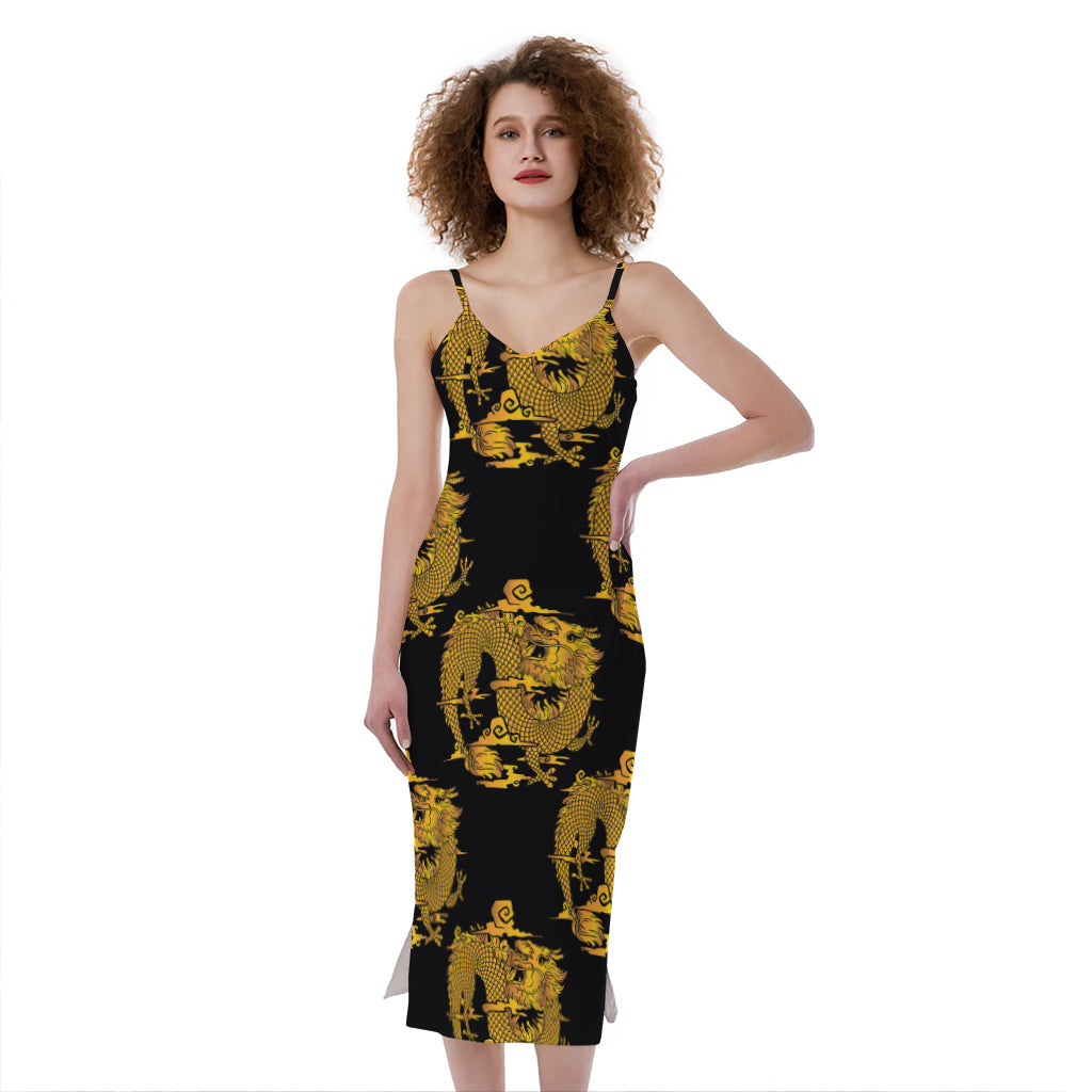 Black And Gold Dragon Pattern Print Slim Fit Midi Cami Dress