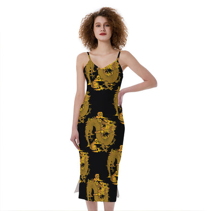 Black And Gold Dragon Pattern Print Slim Fit Midi Cami Dress