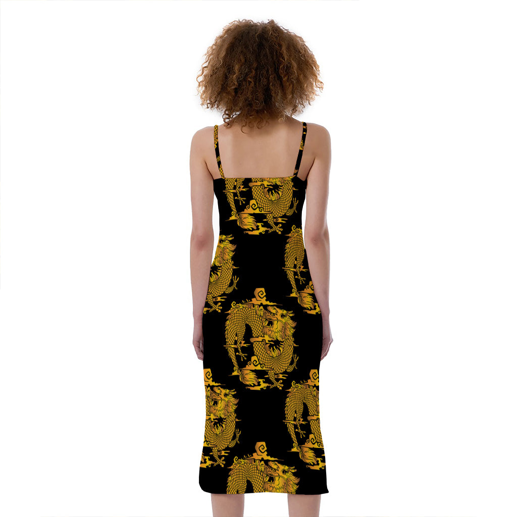 Black And Gold Dragon Pattern Print Slim Fit Midi Cami Dress