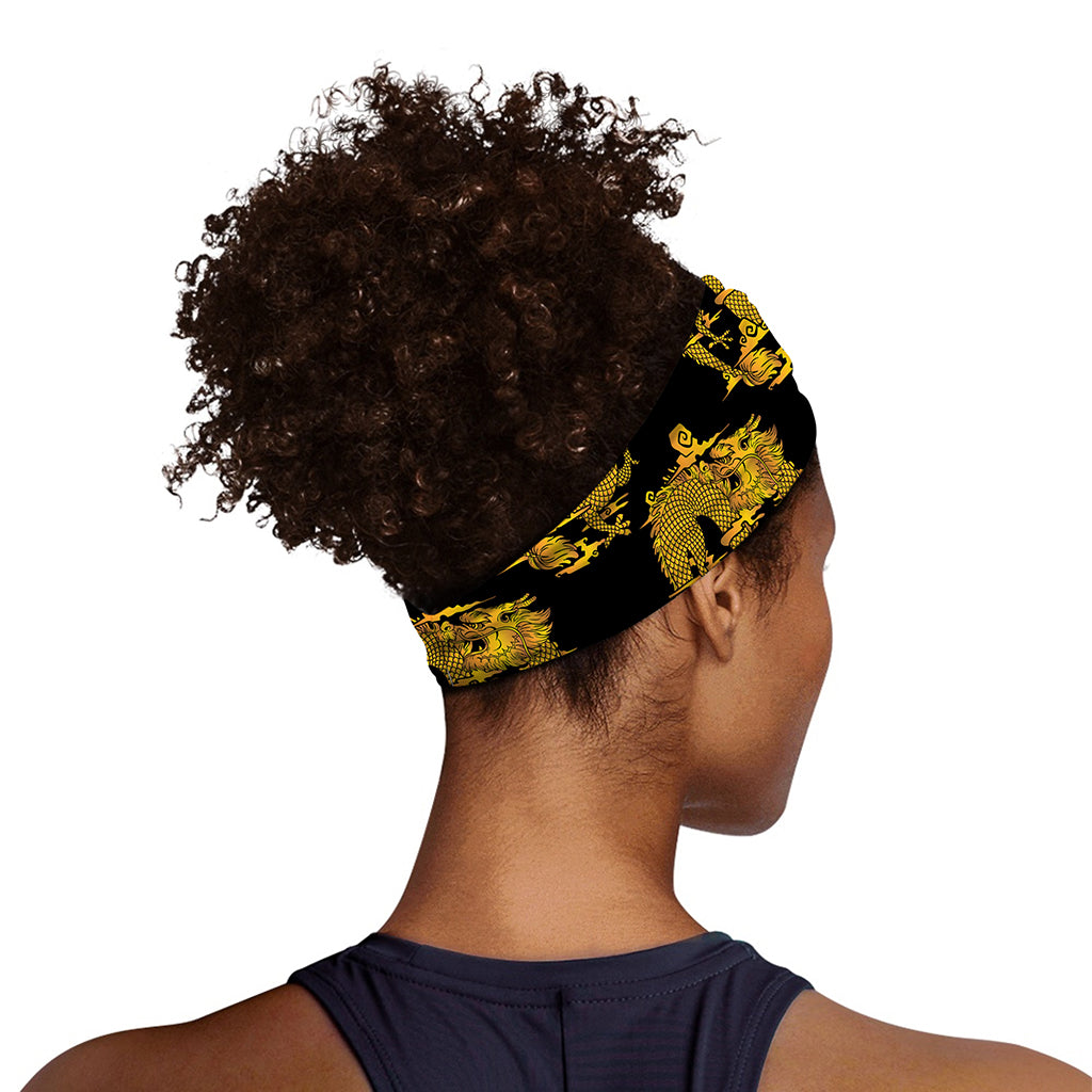 Black And Gold Dragon Pattern Print Sports Headband