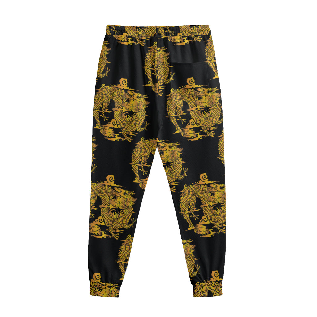 Black And Gold Dragon Pattern Print Sweatpants