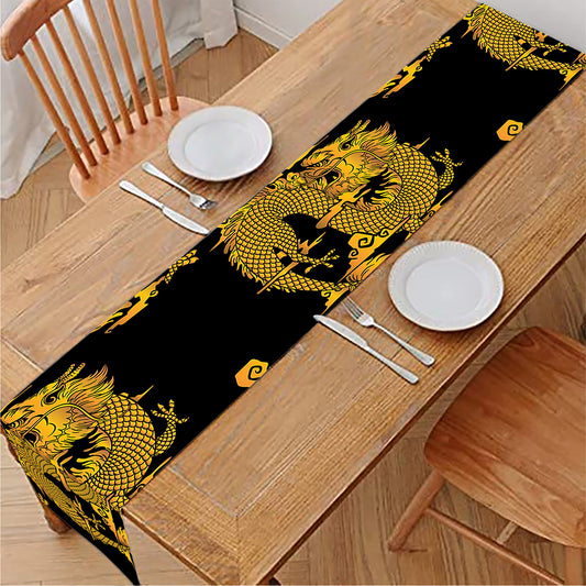 Black And Gold Dragon Pattern Print Table Runner