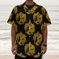 Black And Gold Dragon Pattern Print Textured Short Sleeve Shirt