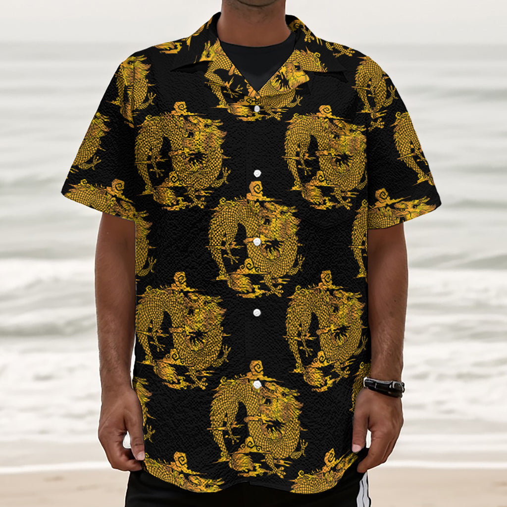 Black And Gold Dragon Pattern Print Textured Short Sleeve Shirt