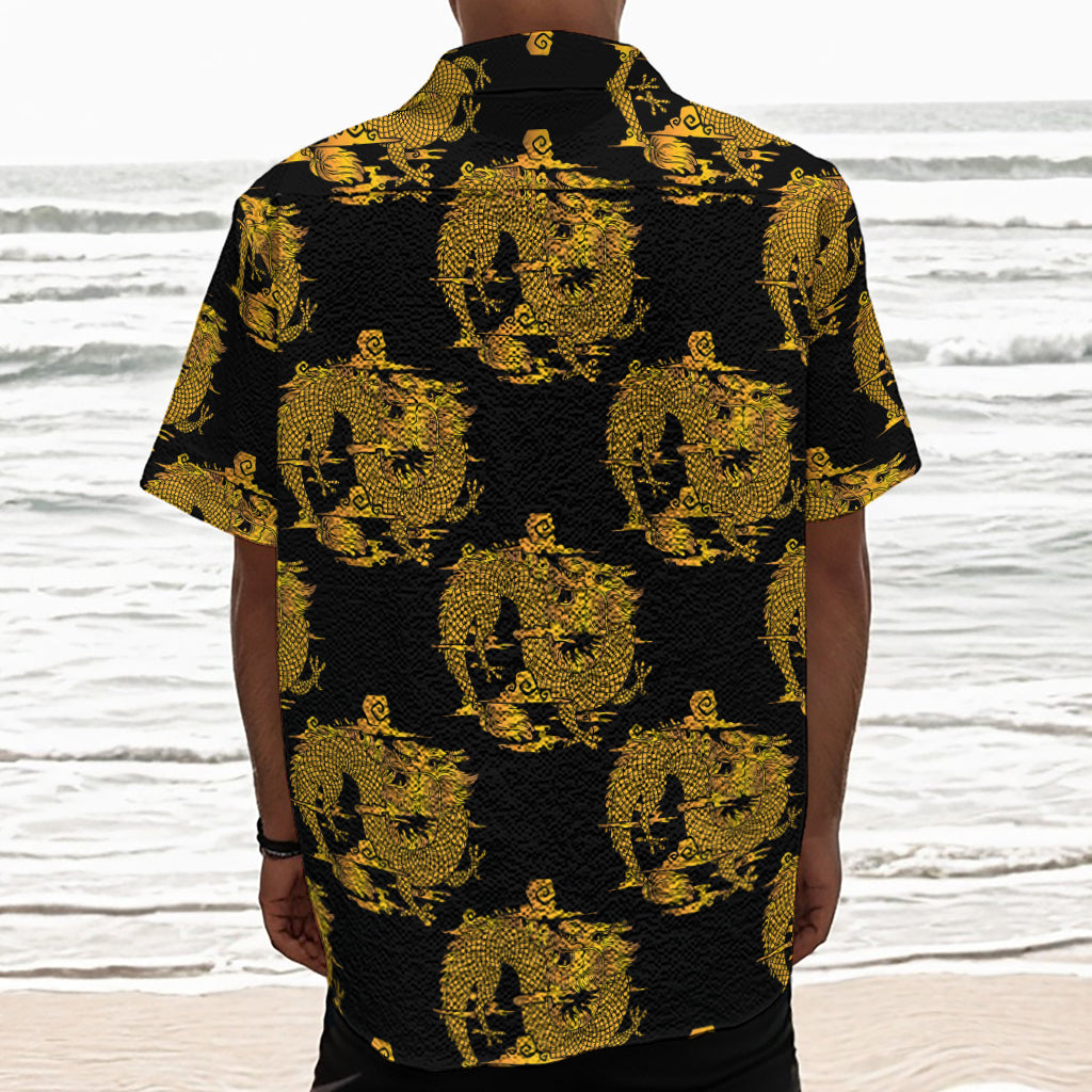 Black And Gold Dragon Pattern Print Textured Short Sleeve Shirt