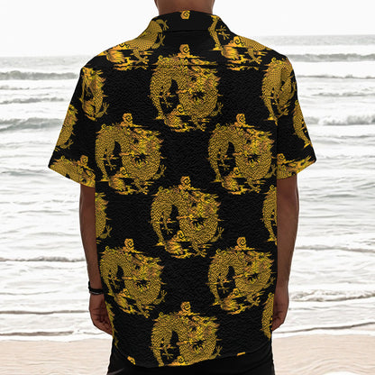 Black And Gold Dragon Pattern Print Textured Short Sleeve Shirt