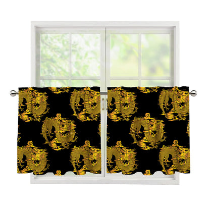 Black And Gold Dragon Pattern Print Tier Curtains