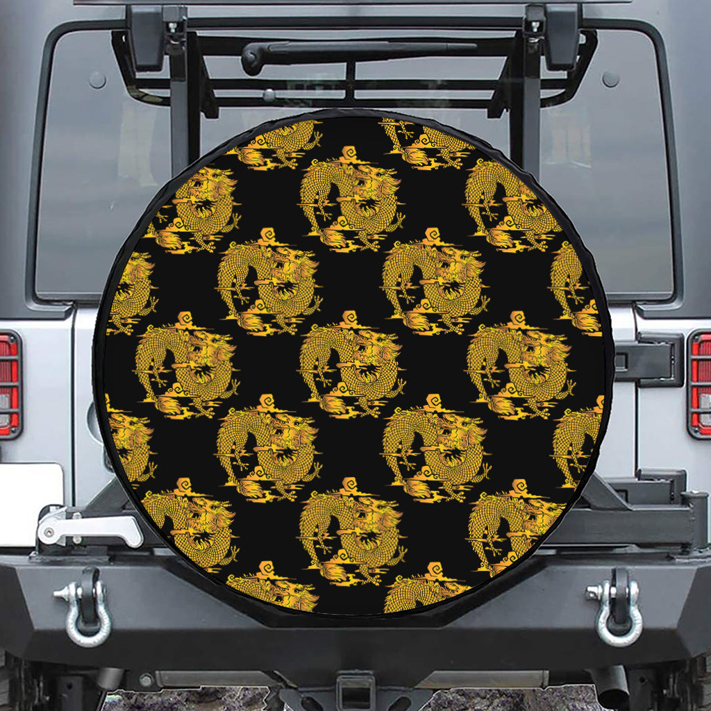 Black And Gold Dragon Pattern Print Tire Cover