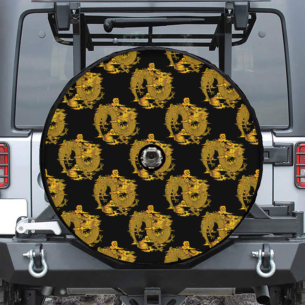 Black And Gold Dragon Pattern Print Tire Cover With Camera Hole