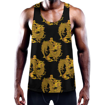 Black And Gold Dragon Pattern Print Training Tank Top