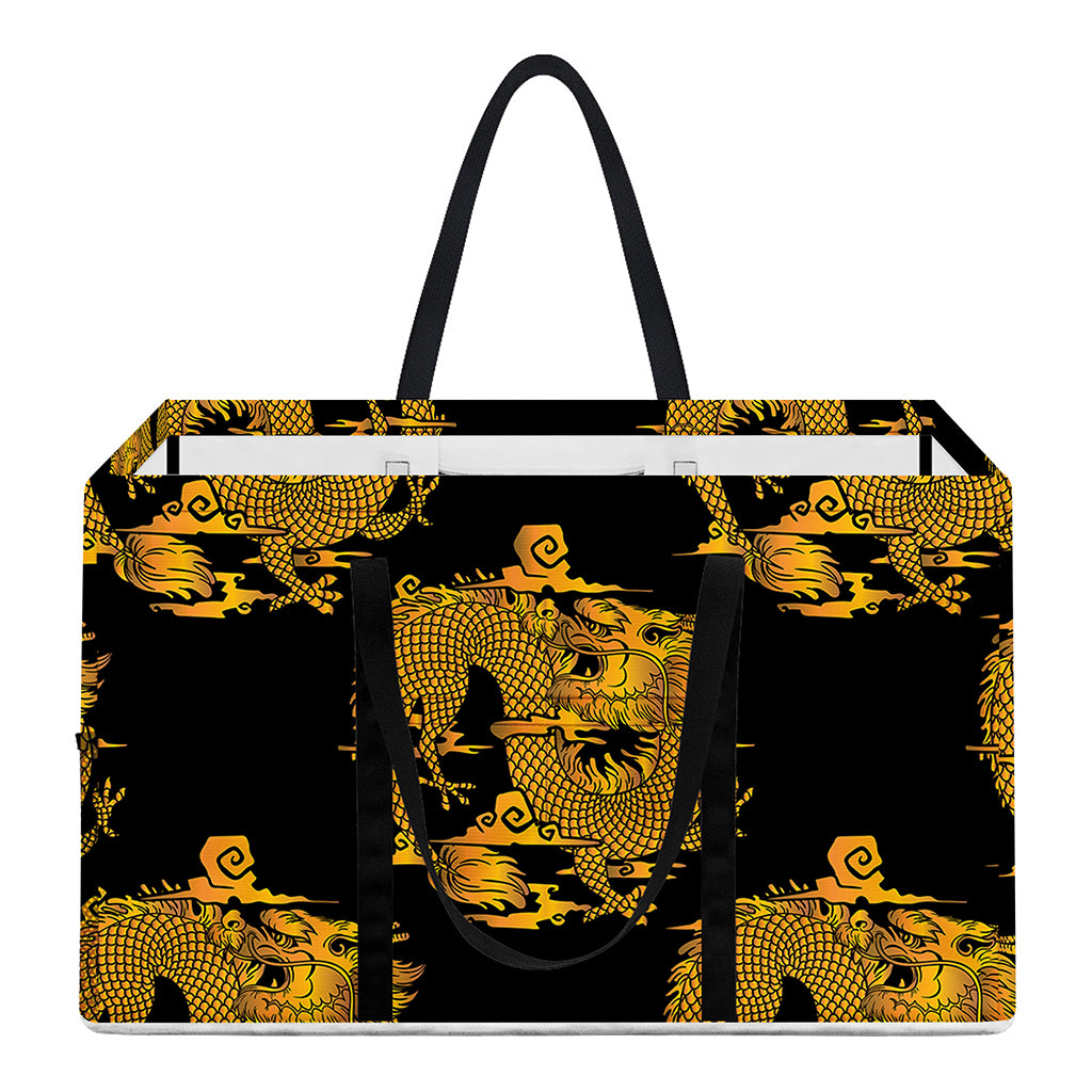 Black And Gold Dragon Pattern Print Utility Tote Bag