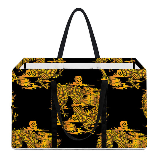 Black And Gold Dragon Pattern Print Utility Tote Bag