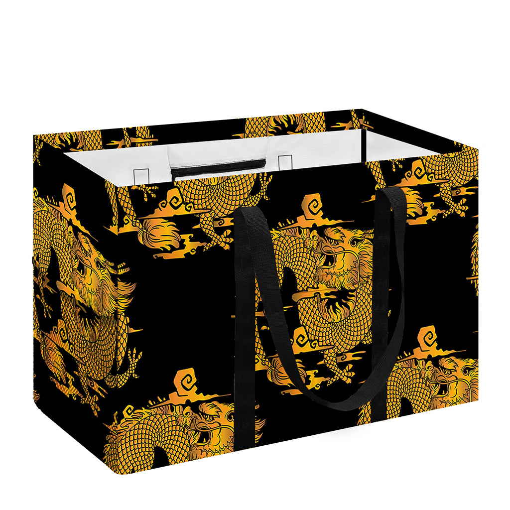 Black And Gold Dragon Pattern Print Utility Tote Bag