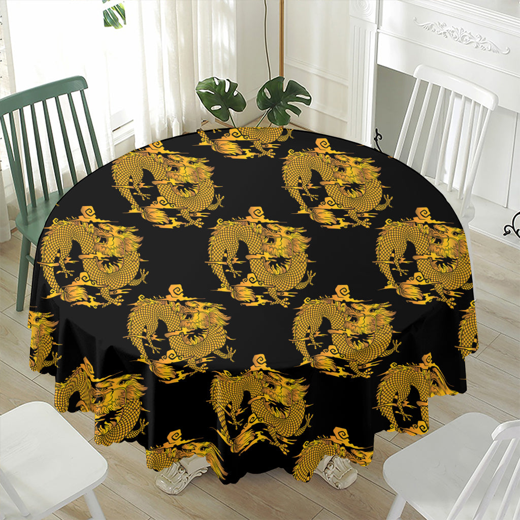 Black And Gold Dragon Pattern Print Waterproof Round Tablecloth