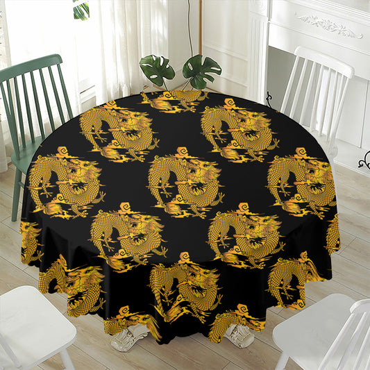 Black And Gold Dragon Pattern Print Waterproof Round Tablecloth