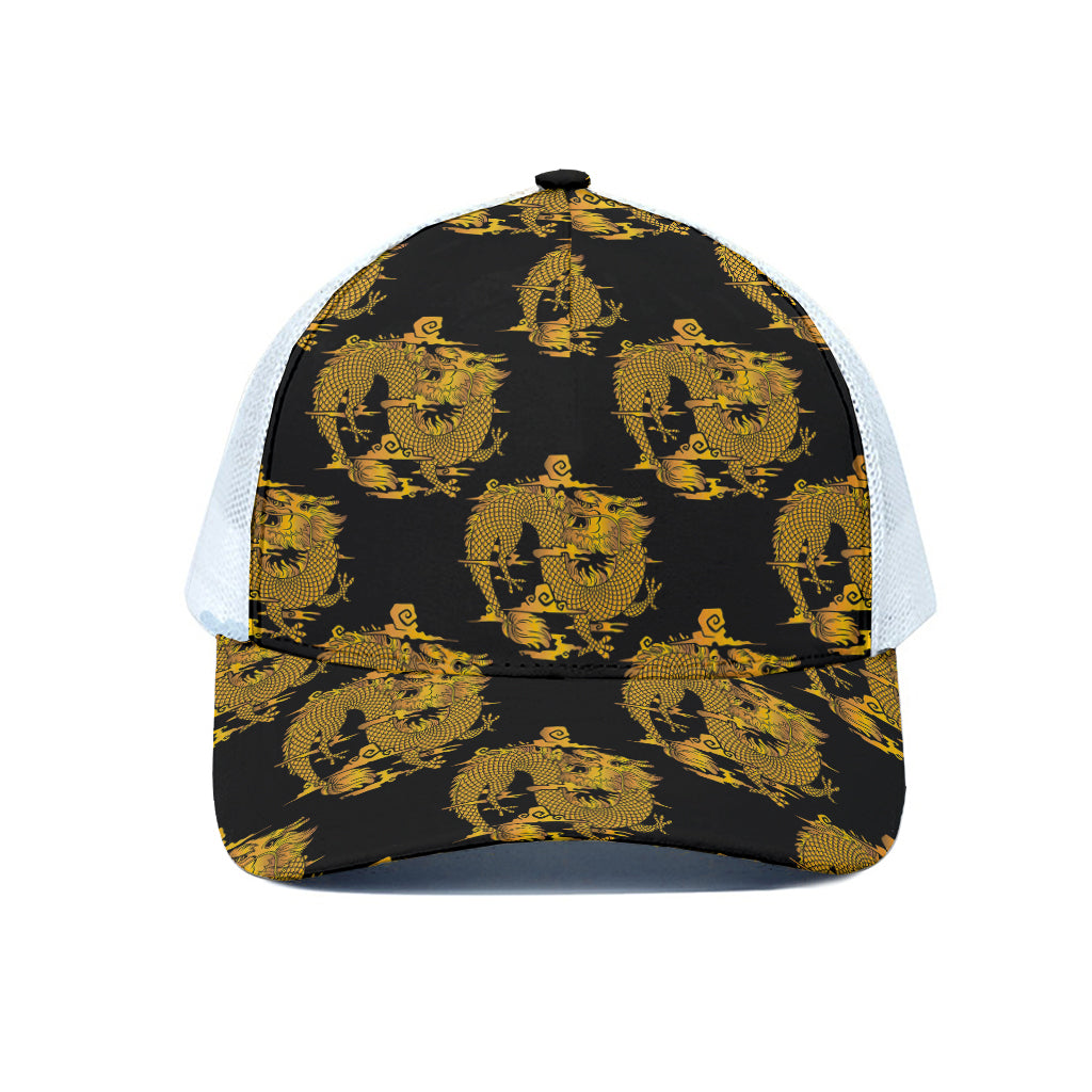 Black And Gold Dragon Pattern Print White Mesh Trucker Cap