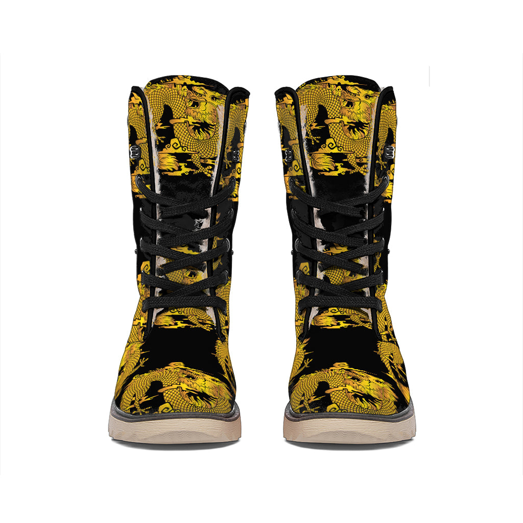 Black And Gold Dragon Pattern Print Winter Boots