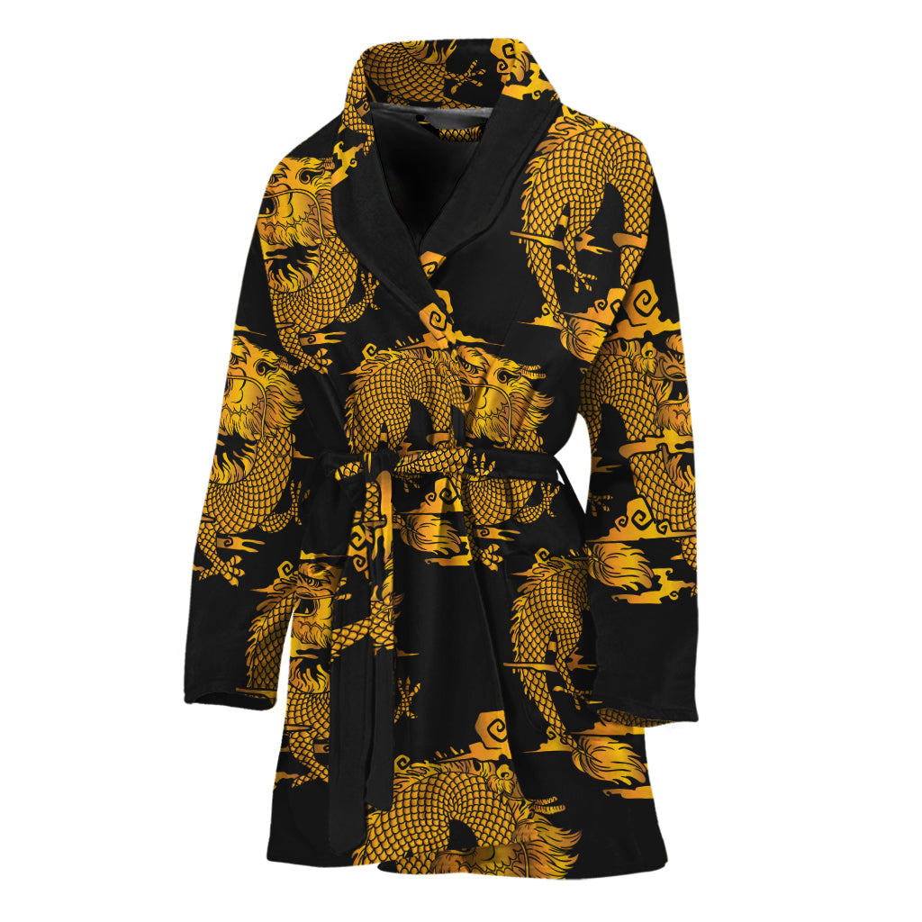 Black And Gold Dragon Pattern Print Women's Bathrobe