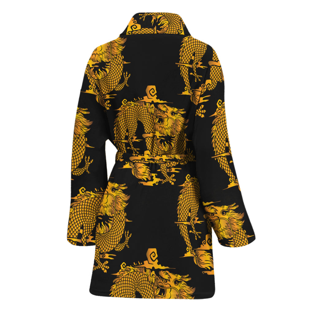 Black And Gold Dragon Pattern Print Women's Bathrobe