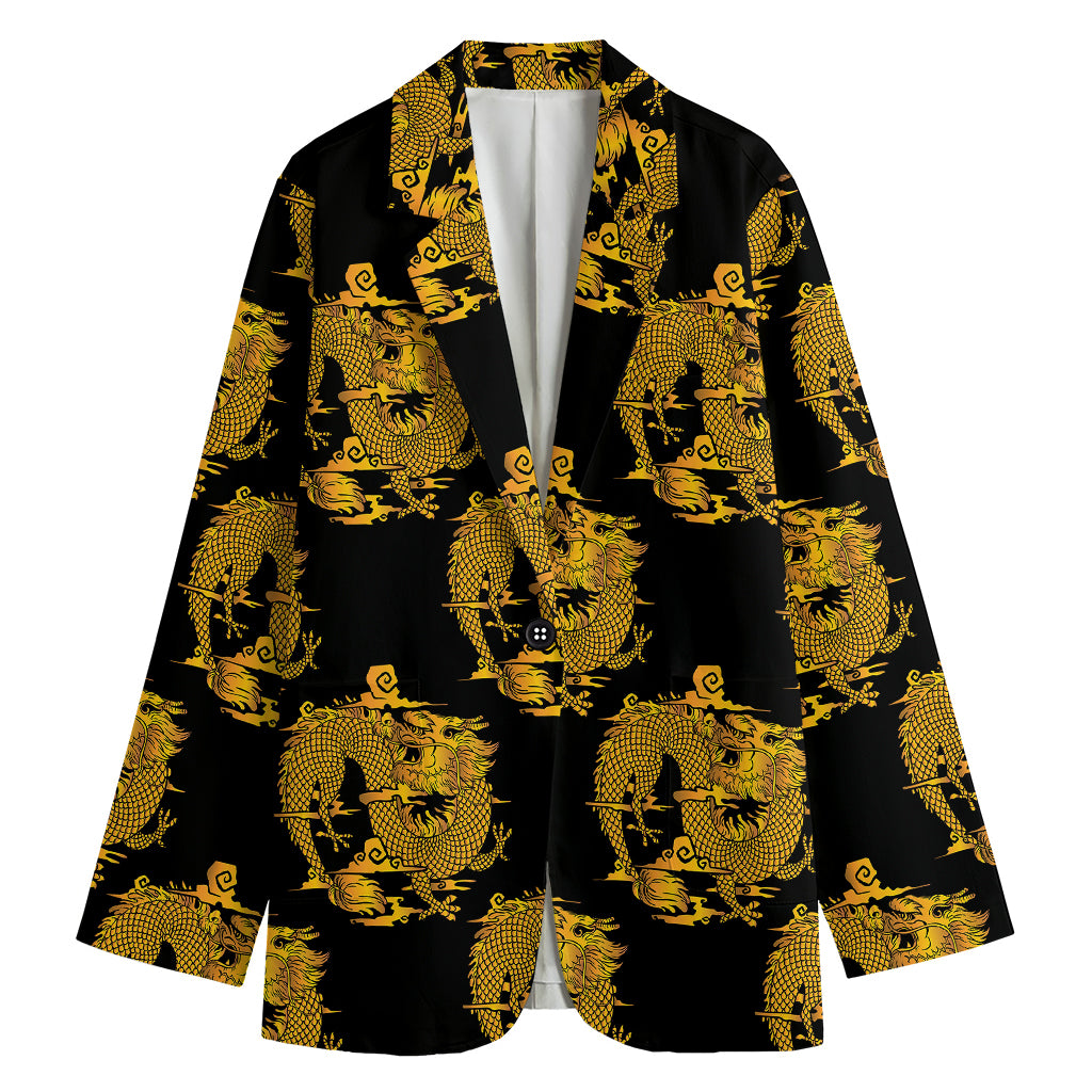 Black And Gold Dragon Pattern Print Women's Blazer