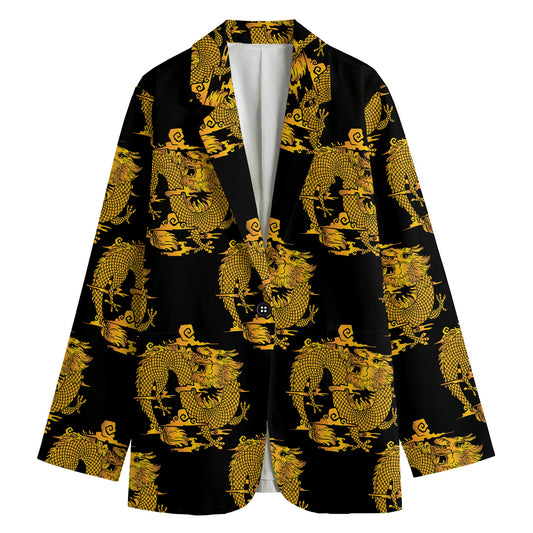 Black And Gold Dragon Pattern Print Women's Blazer