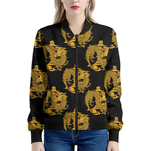 Black And Gold Dragon Pattern Print Women's Bomber Jacket