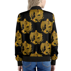 Black And Gold Dragon Pattern Print Women's Bomber Jacket