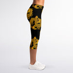 Black And Gold Dragon Pattern Print Women's Capri Leggings
