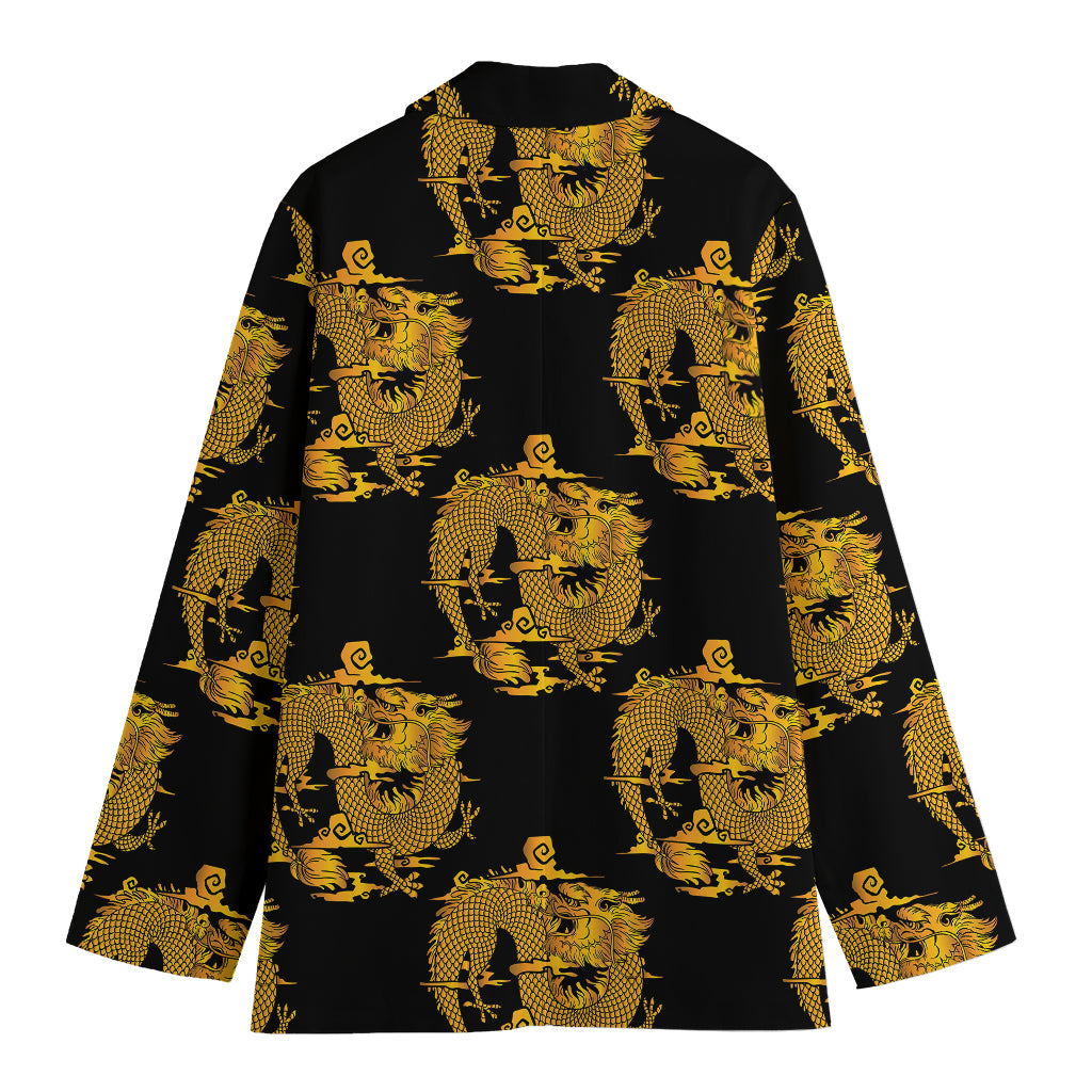 Black And Gold Dragon Pattern Print Women's Cotton Blazer