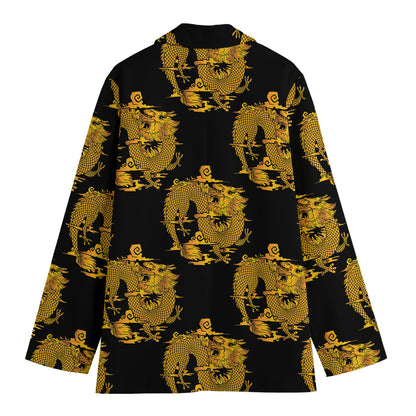 Black And Gold Dragon Pattern Print Women's Cotton Blazer