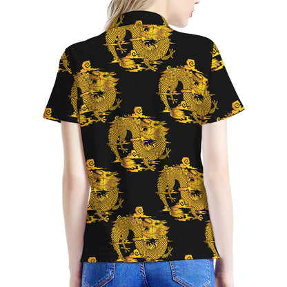 Black And Gold Dragon Pattern Print Women's Polo Shirt