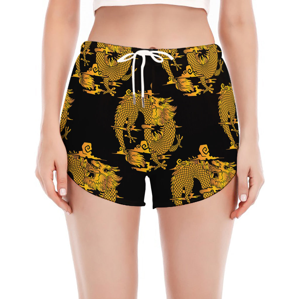 Black And Gold Dragon Pattern Print Women's Split Running Shorts